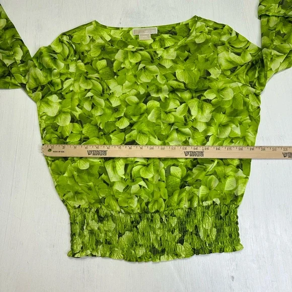 Michael Kors Petite M Green Floral Smocked Blouse Roll Tab Long Sleeve - Picture 5 of 9